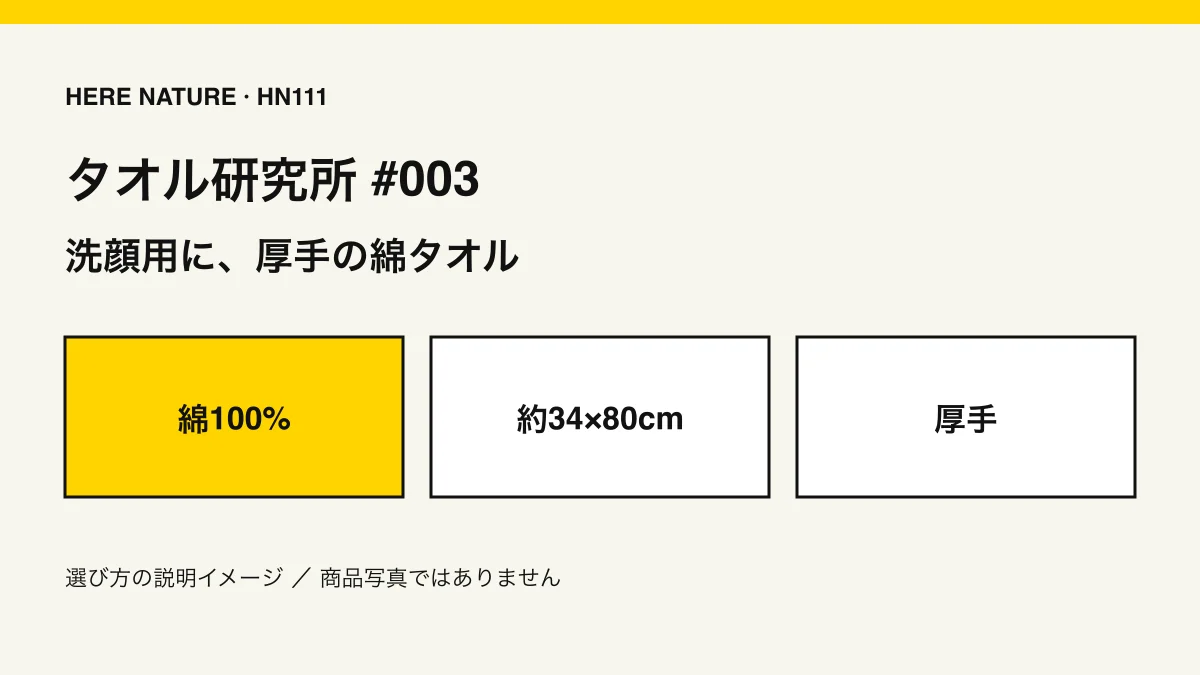 タオル研究所 #003の選び方：綿100%、約34×80cm、厚手