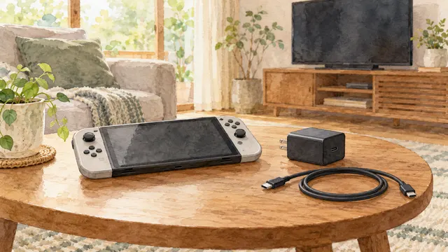 ゲーム機と充電器を確かめる生活場面のイメージ。実製品や配線手順ではありません