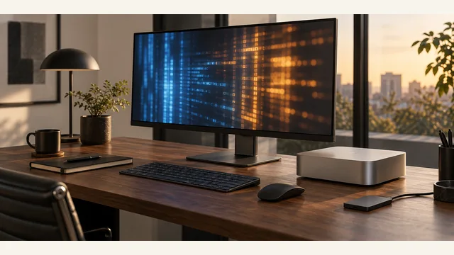 小型PCと画面のある机。製品の実物や構成を示すものではありません