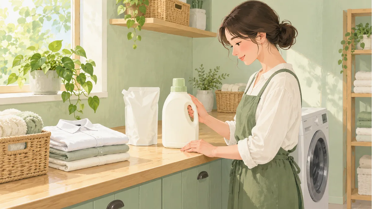 洗剤の補充前にボトルを確かめる場面の編集イラスト。実商品・指定ボトル・正確な注ぎ方を示す図ではありません