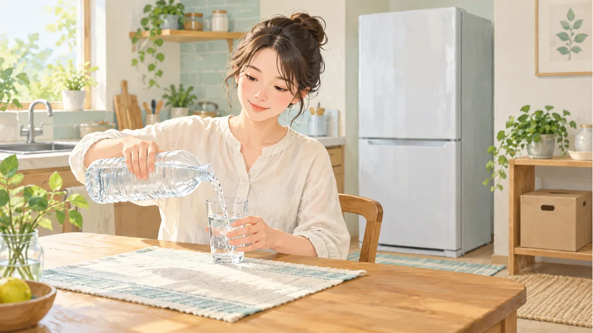 家で水をコップに注ぐ生活場面の編集イラスト。い・ろ・は・すの実商品や実際の使用写真ではありません