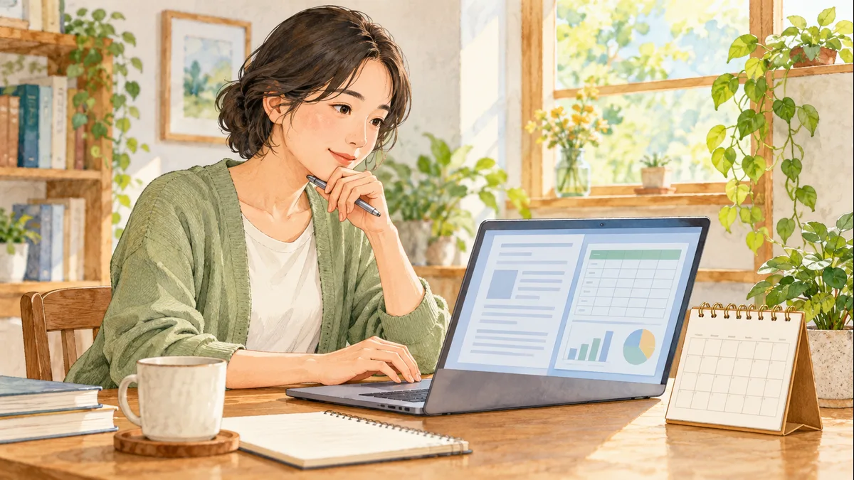 自宅の机でノートPCとカレンダーを確認する人物。実際の製品画面や操作手順ではないイメージ