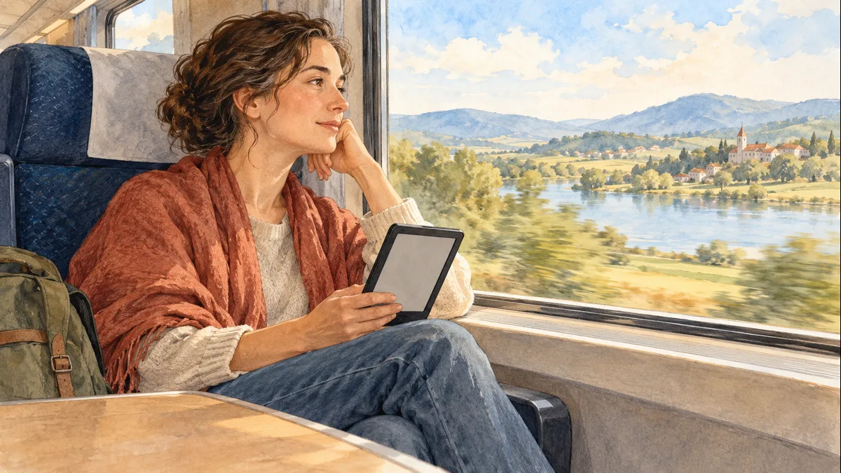 電車の窓辺で電子書籍を読み、考える時間を持つ人物のイメージ。実際の書籍画面や端末ではありません