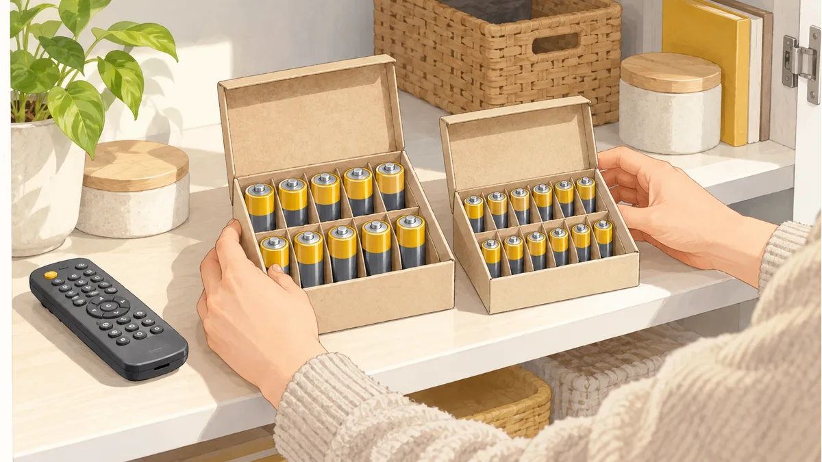 家庭で乾電池を仕切り付きの箱に整理するイメージ。実際の商品や包装を示すものではありません