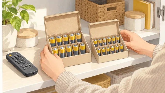 家庭で乾電池を仕切り付きの箱に整理するイメージ。実際の商品や包装を示すものではありません