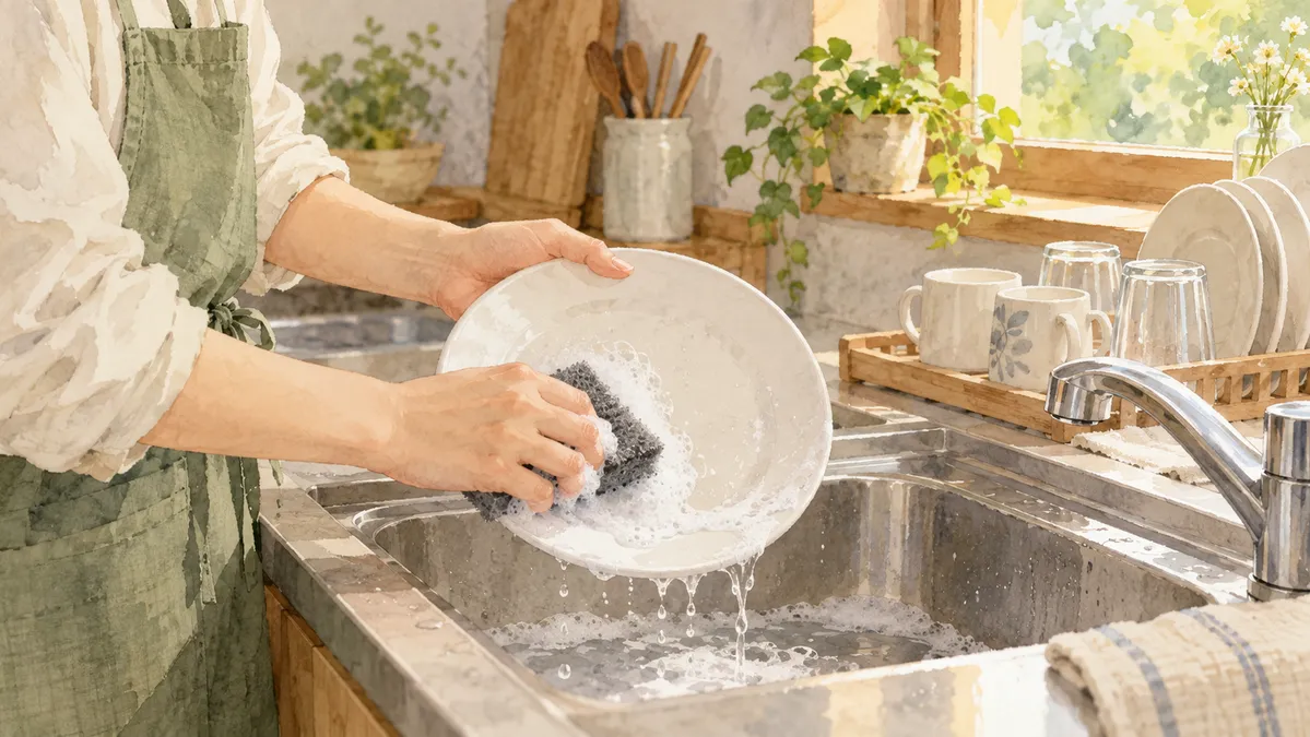 食器を洗う台所のイメージ。サンサンスポンジの実物写真や性能試験ではありません