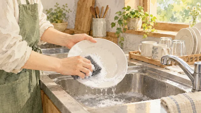食器を洗う台所のイメージ。サンサンスポンジの実物写真や性能試験ではありません