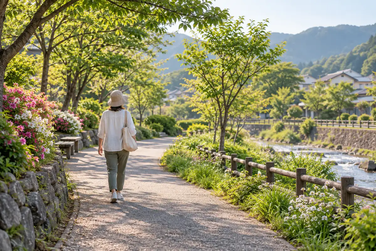 朝の木々と花のそばを、帽子をかぶってゆっくり歩く人の生成イメージ。実体験や研究の実証写真ではありません。