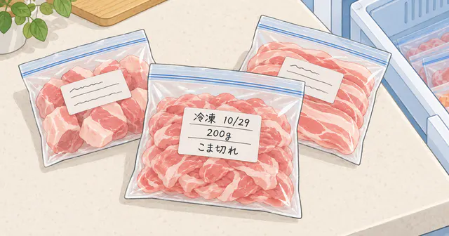 小分けした豚肉の保存袋に、冷凍日・量・部位の記録例を添えた説明用イラスト。実商品や使用試験の写真ではありません。